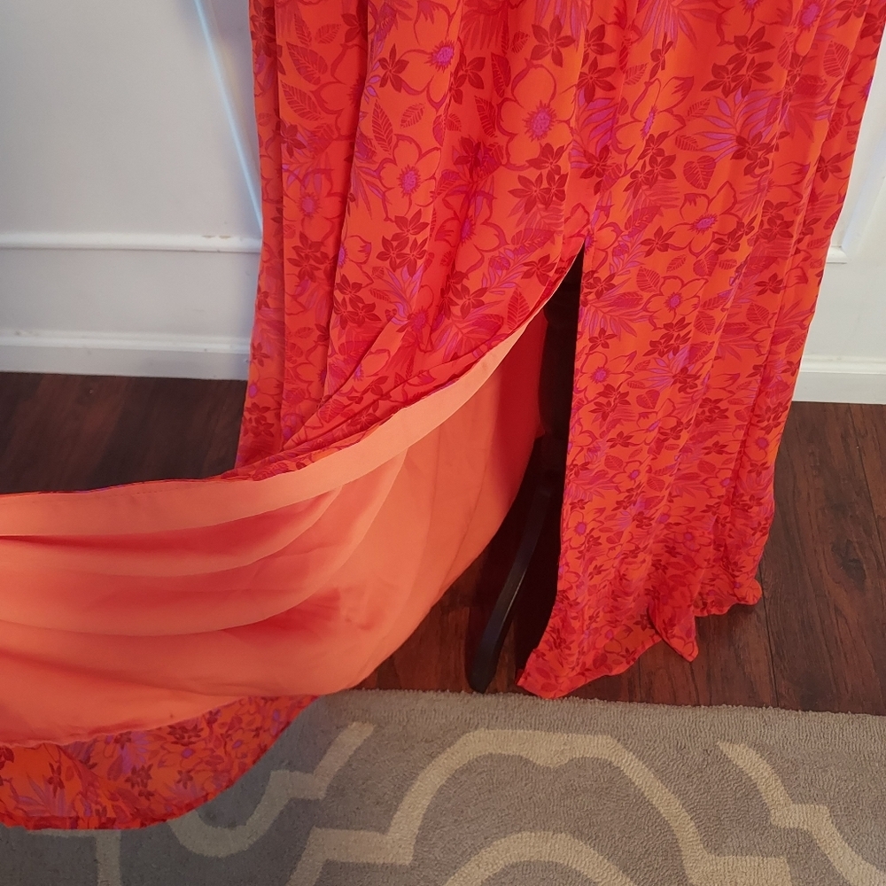 VICI Floral Orange and Pink Maxi Dress Cut-out detail Sz-L - Picture 4 of 7